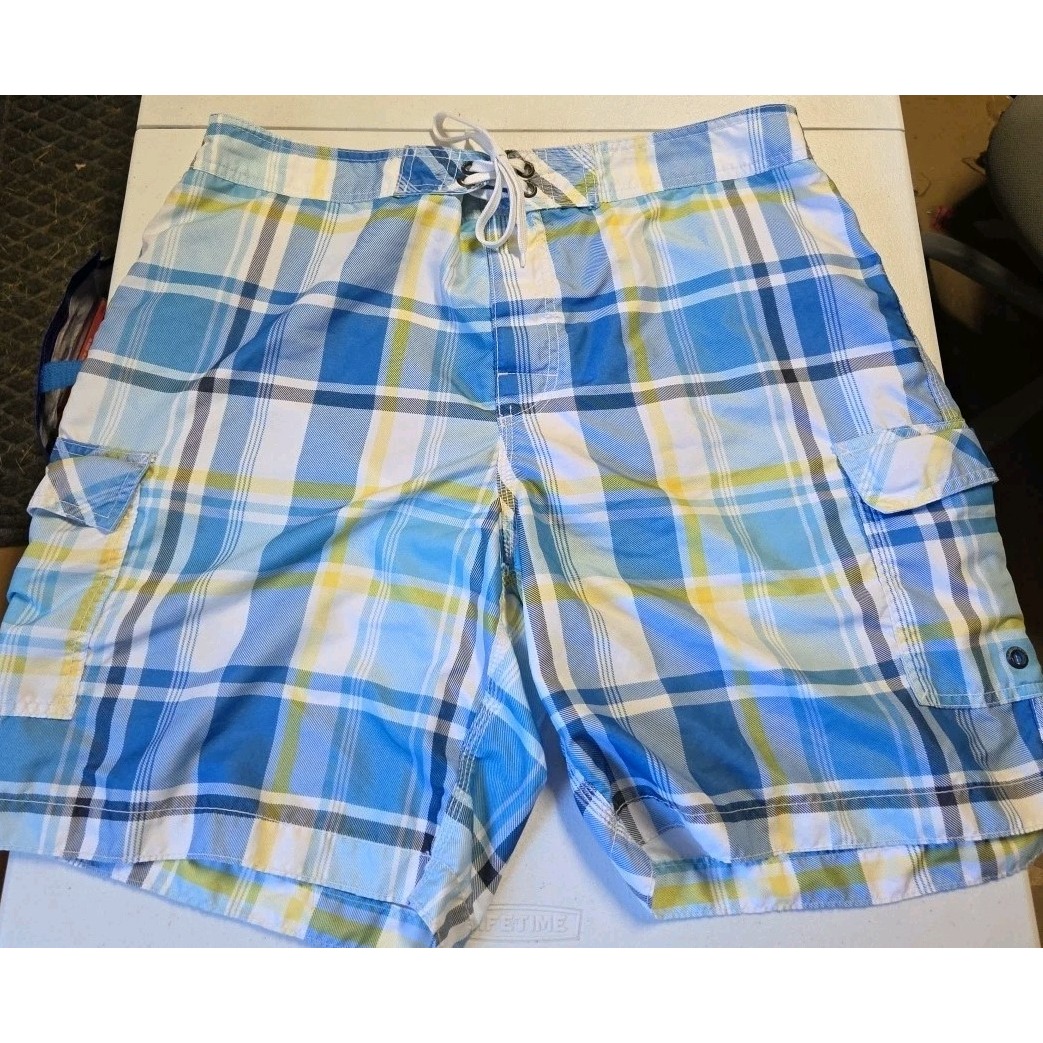 Old Navy Mens Xl Lined Swimming Trunks Pockets Blue Check Beach 9" Inseam